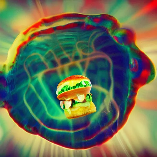 Image similar to hamburger mix jellyfish, cg, 8 k, surrealistic, sharp focus, style by andy warhol