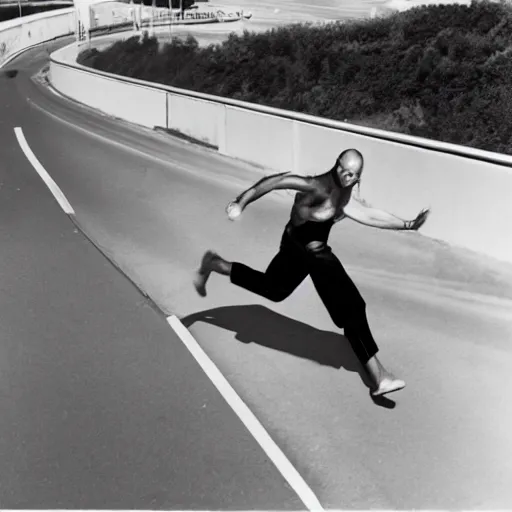 Prompt: a man wearing a pool tube running down a busy highway, arriflex 35