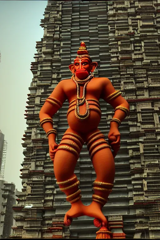 Prompt: high quality 3 d cyberpunk biomorphic hanuman! head building in the middle of mumbai!!, kalighat highly detailed, cinematic smooth, stephen shore & john j. park, soft morning light, wide shot, high angle, uhd 8 k, sharp focus