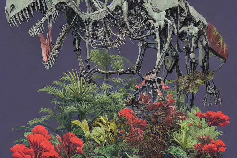 Image similar to 2 d gouache illustration, a lot of exotic vegetation, trees, tremendous skeletal robotic ancient dinosaur, flowers, oldschool vintage sci - fi flat surreal design, super - detailed, painting by satoshi kon, hd, 4 k, high quality