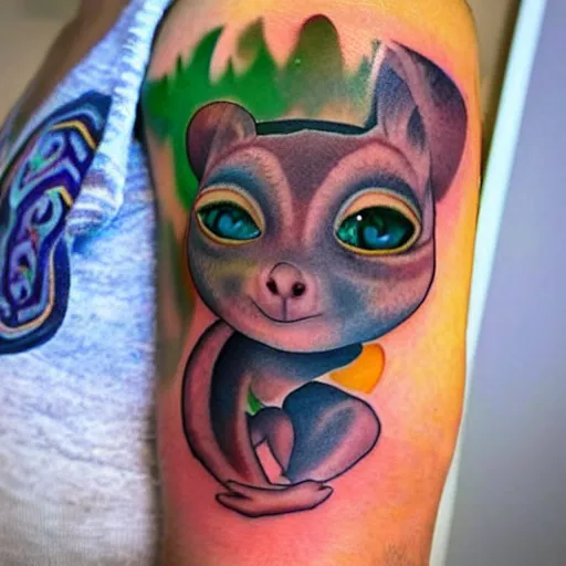 Image similar to shoulder tattoo of a meditating cute realistic bush baby, eyes are sparkeling rainbow spirals, glowing multicolored chakra symbols, surrounded with colorful lotus flowers, insanely integrate