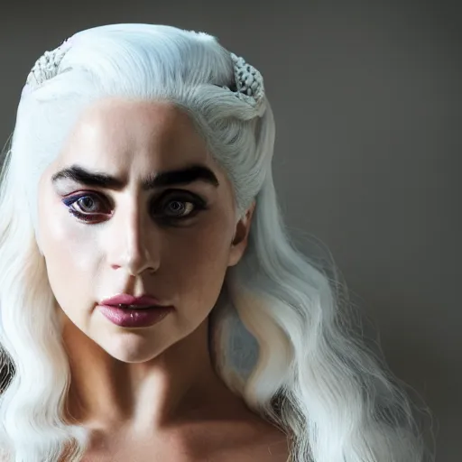 Image similar to Lady Gaga as Daenerys Targaryen mother of dragons, drogon, XF IQ4, 150MP, 50mm, F1.4, ISO 200, 1/160s, natural light