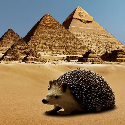 Prompt: ancient egyptian pyramids with a big limestone statue of a hedgehog