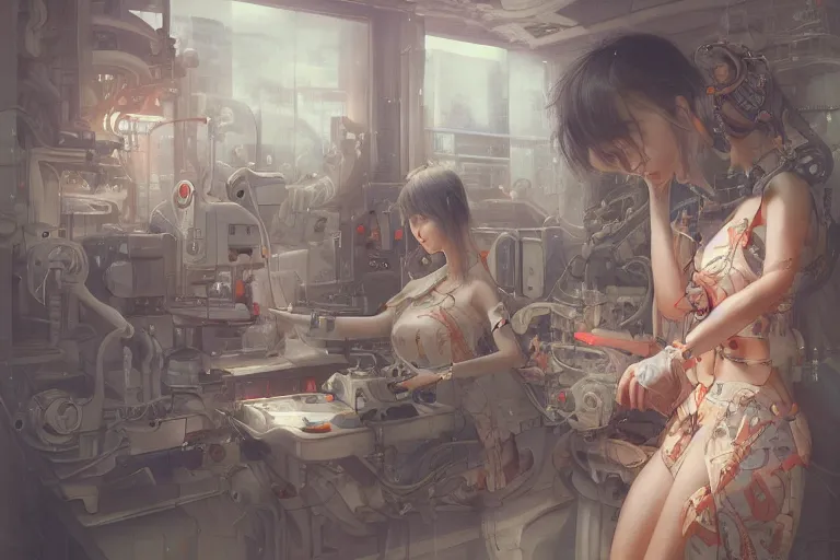 Image similar to hyperrealistic photography of a machine entering a female host in the style of Jin Kagetsu, James Jean and wlop, highly detailed, sharp focus, intricate concept art, digital painting, ambient lighting, 4k, artstation