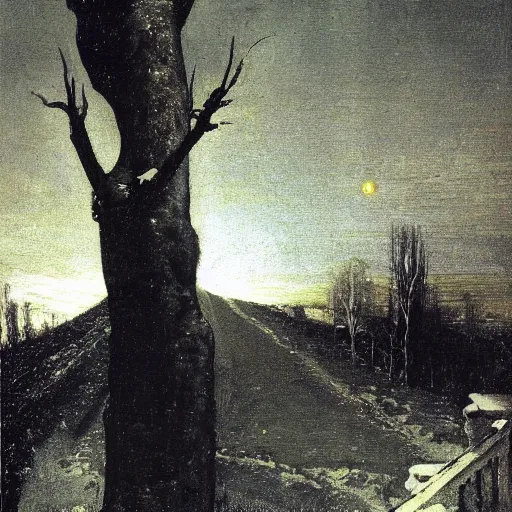 Prompt: a single vast unblinking eye looms in the sky in the depth of night, above bare trees and snow-covered countryside, cosmic horror, Arnold Böcklin