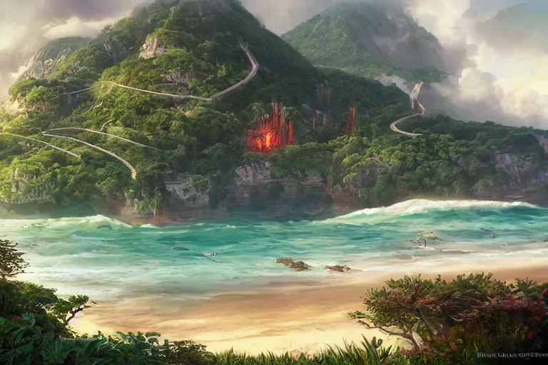 Prompt: an island from afar with forests and a mountain in open ocean, art by artgerm and sophie anderson, artstation, highly detailed, magic the gathering art