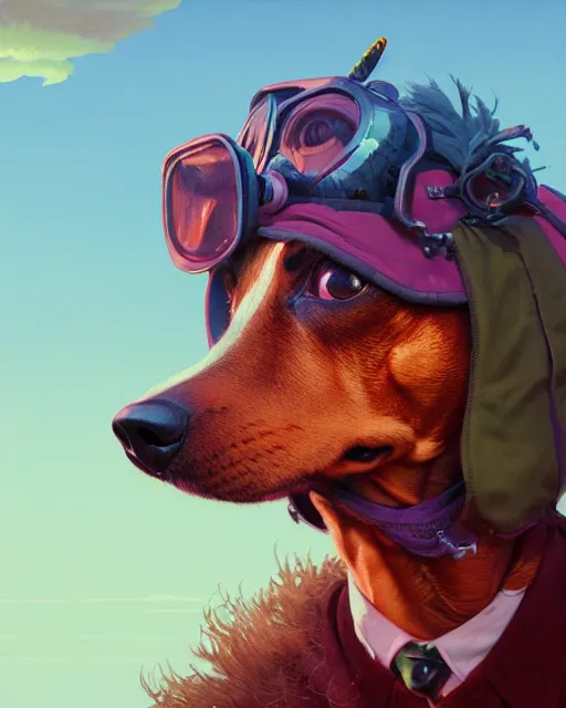 Image similar to highly detailed surreal vfx portrait of a nowpunk dachshund, stephen bliss, unreal engine, greg rutkowski, loish, rhads, beeple, makoto shinkai and lois van baarle, ilya kuvshinov, rossdraws, tom bagshaw, alphonse mucha, global illumination, detailed and intricate environment