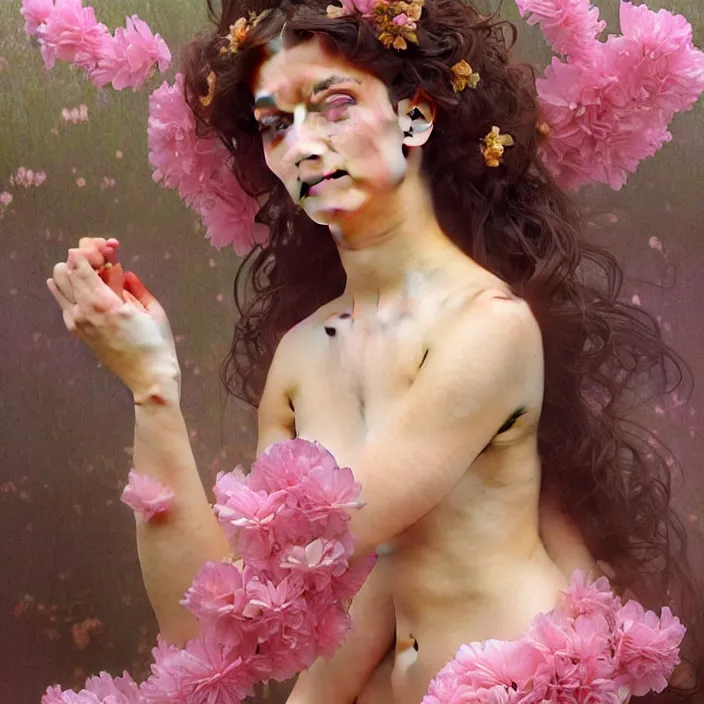 Image similar to a wonderful goddess with the skin made of pink petals, perfect hands, intricate, elegant, highly detailed, wonderful eyes, sweet, digital painting, artstation, concept art, smooth, sharp focus, illustration, art by artgerm and greg rutkowski and alphonse mucha and william - adolphe bouguereau