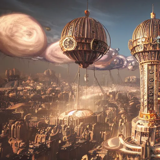 Image similar to enormous flying steampunk city in a faberge egg, sky, fantasy art, unreal engine,