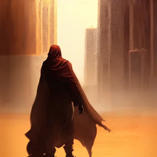 Prompt: a wanderer in a desert sandstorm city, dramatic lighting, city background, daylight, chiaroscuro, high detail, painted by greg rutkowski, painted by igor kieryluk, painted by raymond swanland, trending on artstation