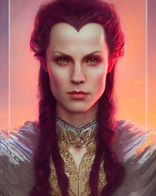 Image similar to portrait of glamor figwit | middle earth background | highly detailed | very intricate | professional model | cinematic lighting | painted by donato giancola and mandy jurgens and charlie bowater | bold colors, artdeco, art deco outrun anime aesthestic, 8 0's nostalgia | featured on artstation