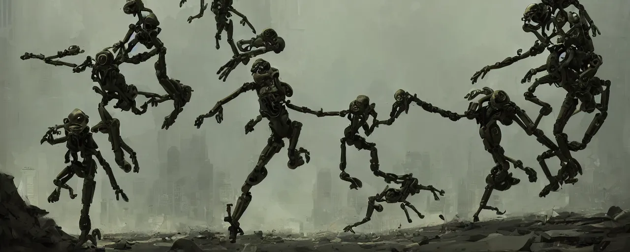 Image similar to duotone olive green grey illustration 3 / 4 portrait of gollum kun fu fighting with boston dynamics robots. dynamic chaotic composition accidental renaissance golden ratio. by sachin teng and sergey kolesov and ruan jia and heng z. graffiti art, scifi, fantasy, hyper detailed. octane render. concept art. trending on artstation