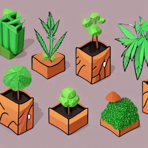 Image similar to isometric cute cartoon of minimalist seed shop cafe decorated a few cannabis leaf pots. by benoit mandelbrot, render pixar palette