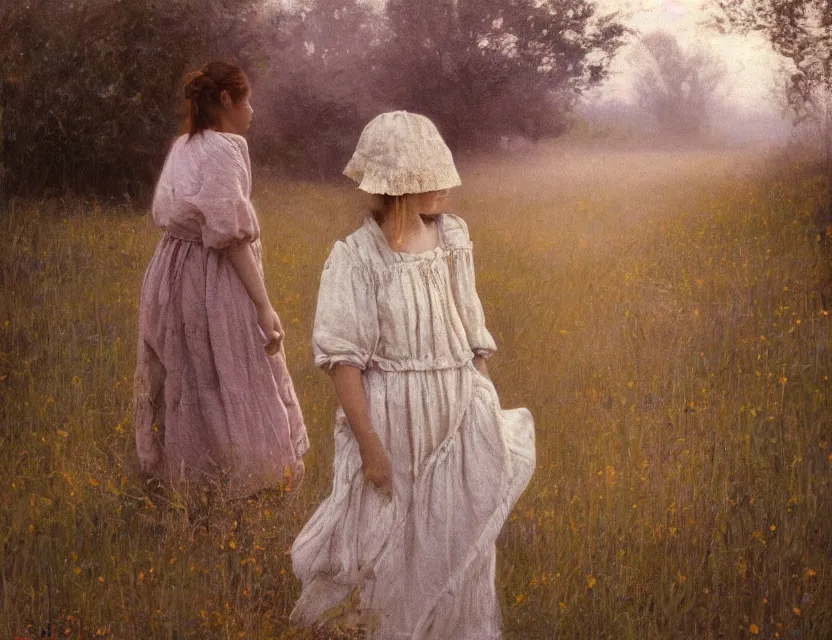 Image similar to peasant girl trying new dress, cottage core, cinematic focus, polaroid photo bleached vintage pastel colors high - key lighting, soft lights, foggy, by steve hanks, by lisa yuskavage, by serov valentin, by tarkovsky, 8 k render, detailed, oil on canvas