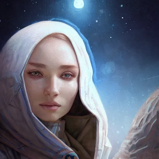 Image similar to A close up futuristic portrait on the street of a Russian sleeping quarters on the moon, Norilsk, sci-fi, fantasy, intricate, very very beautiful, elegant, highly detailed, digital painting, artstation, concept art, smooth, sharp focus, illustration, art by artgerm and greg rutkowski and alphonse mucha