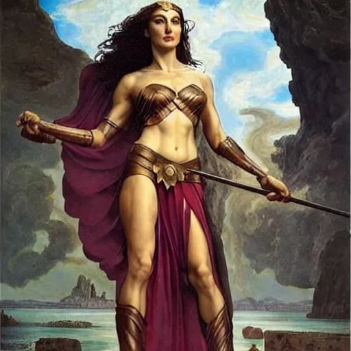 Image similar to Full body oil painting of the beautiful woman Gal Gadot, she is wearing some withe ancient roman cloths and a surreal ornate, her hair is natural disheveled, she is approaching heaven, naturalism, dramatic lighting, high-detailed oil painting by Ilya Repin, Michelangelo da Caravaggio, William Blake, Alex Grey and Beksinski, trending on Artsatio, hystorical painting, masterpiece, 4k, 8k,