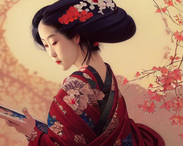 Image similar to photography of a sensual japanese geisha, deep focus, d & d, fantasy, intricate, elegant, highly detailed, digital painting, artstation, concept art, matte, sharp focus, illustration, hearthstone, art by artgerm and greg rutkowski and alphonse mucha