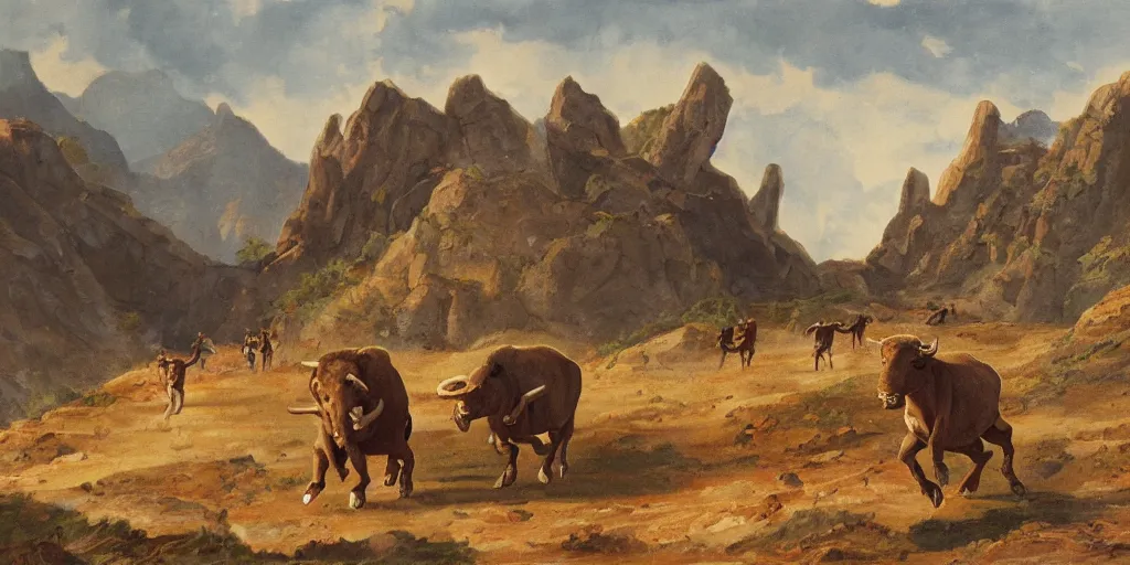 Prompt: painting of minotaurs travelling through craggy highlands