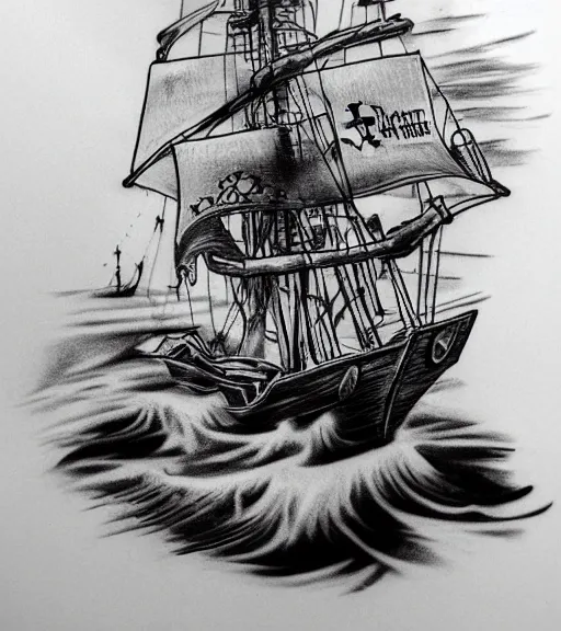 Image similar to A realistic tattoo design sketch of a pirate ship, white background, black and white, highly detailed tattoo, shaded tattoo, hyper-realistic tattoo