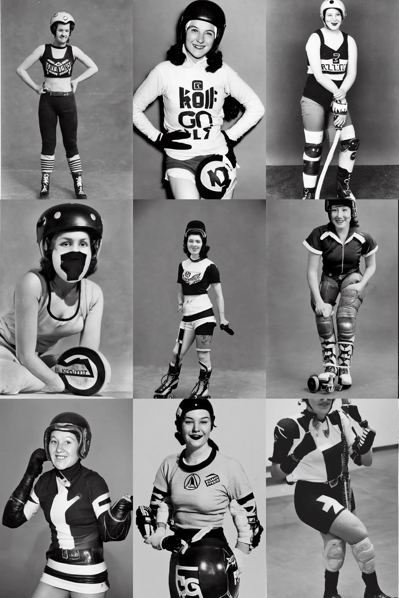 Prompt: roller derby girl portrait, logo, wearing helmet, wearing knee and elbow pads, showing victory, Kamggarn, 1950s