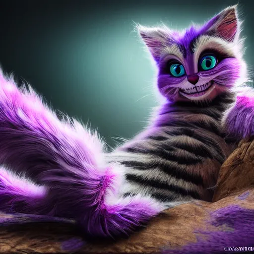 Image similar to full body pose, hyperrealistic photograph of the cheshire cat as a kitten, dim volumetric lighting, 8 k, octane beautifully detailed render, extremely hyper detailed, intricate, epic composition, cinematic lighting, masterpiece, trending on artstation, very very detailed, stunning, hdr, smooth, sharp focus, high resolution, award, winning photo, dslr, 5 0 mm