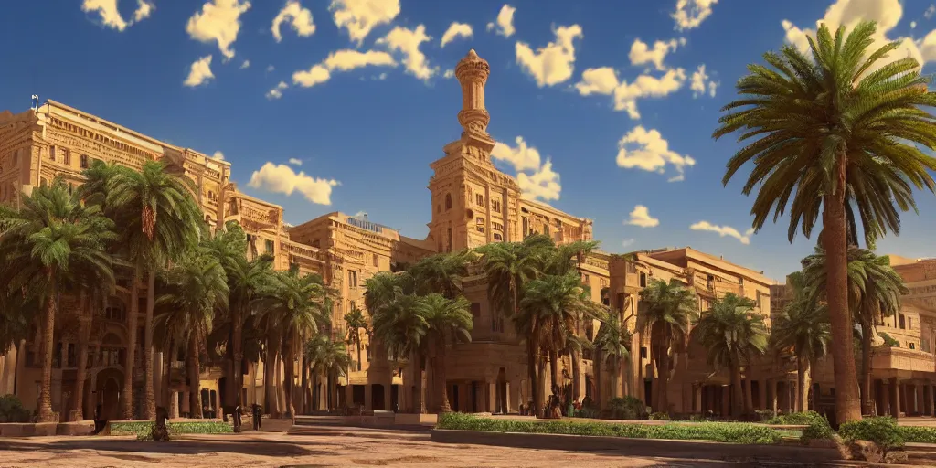 Image similar to khedival opera house, talaat Harb Square cairo, epic wide shot in unreal engine 5, beautiful clouds, dappled afternoon sunlight, acacia trees, date palm trees, shrubs, flowers, 4k, colorful, octane render, artstation