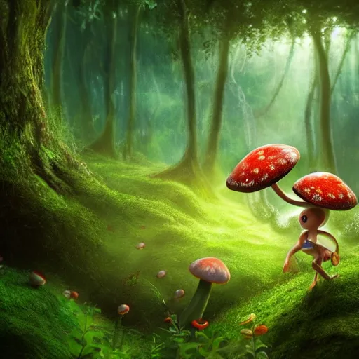 Prompt: Intricate detailed illustration, A happy humanoid mushroom frolicking in a lush rainforest, 🍄 , cinematic lighting, by Philip Hood, wide angle, volumetric light scattering, 8k, artstation, concept art,