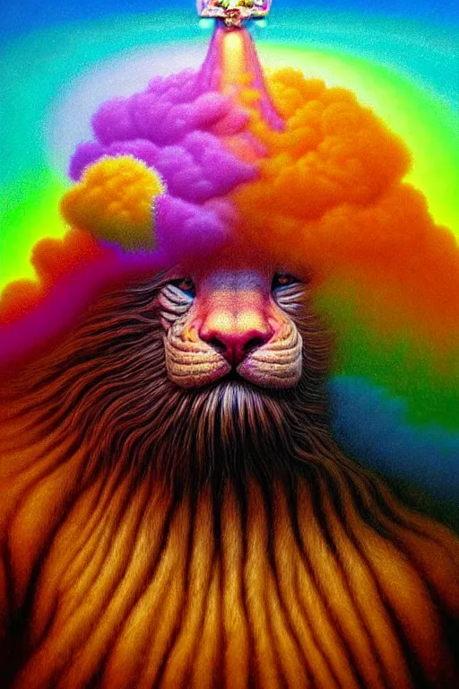 Image similar to hyperrealistic close-up baroque psychedelic!! god happy fluffy kind! creature!! peaceful! kind spirit of nature highly detailed concept art eric zener elson peter cinematic hard rainbow lighting high angle hd 8k sharp shallow depth of field, inspired by Zdzisław Beksiński