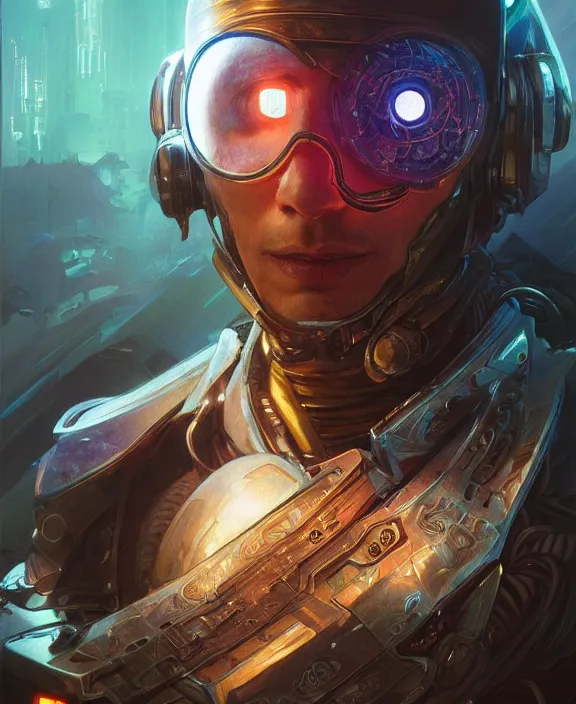 Image similar to portrait of a cyberpunk warrior, with helmet, half body, glowing eyes, d & d, fantasy, intricate, elegant, highly detailed, colorful, vivid color, digital painting, artstation, concept art, art by artgerm and greg rutkowski and alphonse mucha and ruan jia