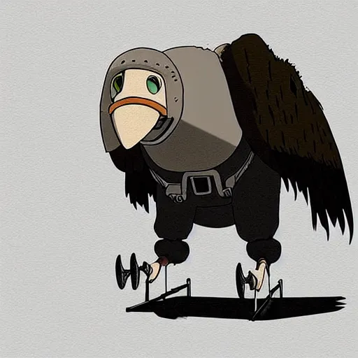 Image similar to a study of cell shaded cartoon of a grey mechanized vulture from howl's moving castle ( 2 0 0 4 ) on a desert road, full body, wide shot, very muted colors, post grunge, studio ghibli, laurie greasley, highly detailed, deviantart, art by artgem