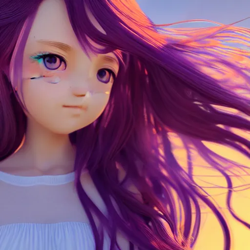 Image similar to Render of a very beautiful 3d anime girl, long purple hair, beautiful eyes, cute freckles, full round face, short smile, cute sundress, golden hour, serene beach setting, medium shot, mid-shot, highly detailed, trending on Artstation, Unreal Engine 4k