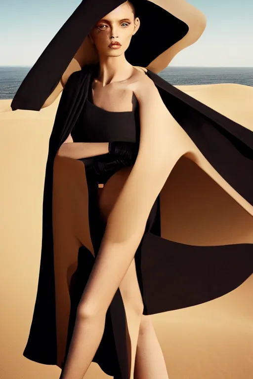 Prompt: An film still of a futuristic girl wearing black cape in perfect sand dunes featured in Vogue and GQ editorial fashion photography, Anaglyph, tilted 35° frame, dutch angle, beautiful eye, symmetry face, Long shot wide shot full shot, haute couture dressed by Givenchy and Salvatore Ferragamo, Canon EF 85mm f/1.4L IS USM