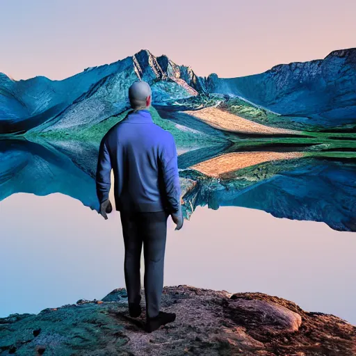 Prompt: beautiful landscape of small lake at night with distant mountains and close - up of a bald symmetric man in futuristic armor, ultra realistic, highly detailed, hd, sharp focus, cinematic lighting, realistic, vivid colors, painting, digital art, non blurry, sharp.