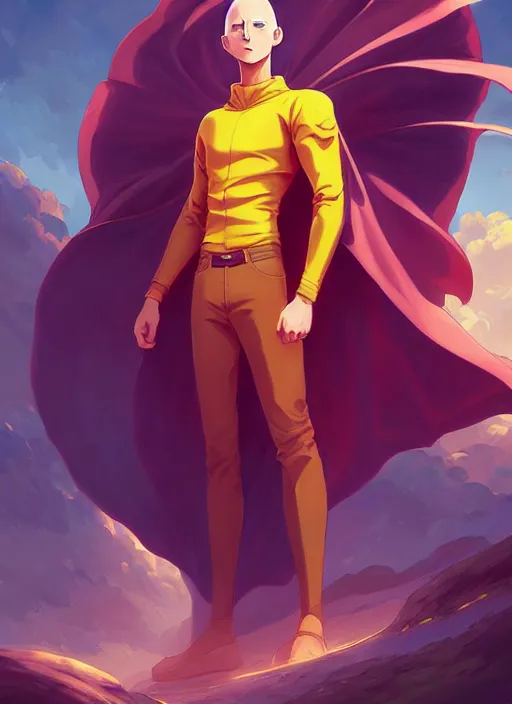 Prompt: handsome saitama, epic cape, half body shot, path traced, highly detailed, high quality, digital painting, alena aenami, lilia alvarado, shinji aramaki, karol bak, alphonse mucha, tom bagshaw