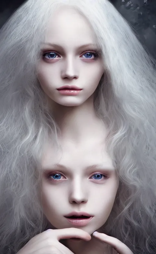 Image similar to a beautiful woman glossy porcelain skin albino, 8 k, sensual, hyperrealistic, hyperdetailed, beautiful face symmetrical, long white hair windy, dark fantasy, fantasy portrait by laura sava