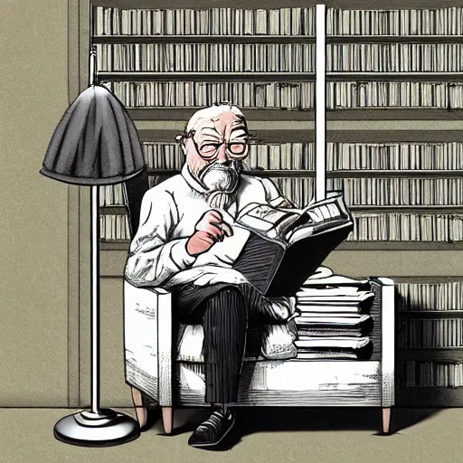 Prompt: detailed photorealistic comical pictures a old man read manga while sitting on his library cinematic in the style of alex ross and banksy, black cats, table, classic chair, wooden, desk, lamp desk