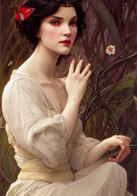 Image similar to snow white, intricate, elegant, highly detailed, digital painting, artstation, concept art, smooth, sharp focus, illustration, art by artgerm and greg rutkowski and alphonse mucha and william - adolphe bouguereau