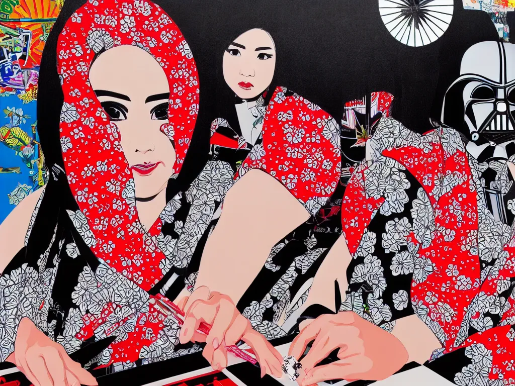 Image similar to hyperrealism composition of the detailed woman in a japanese kimono sitting at an extremely detailed poker table with darth vader, fireworks on the background, pop - art style, jacky tsai style, andy warhol style, acrylic on canvas