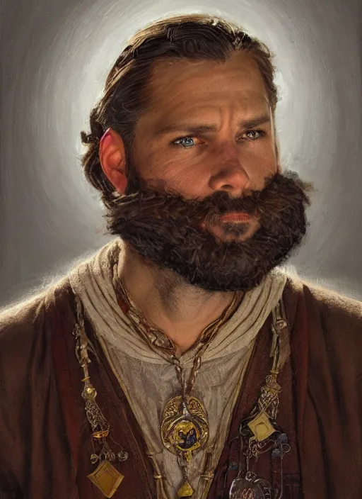 Prompt: a face portrait of a man in the 3 0 s with a short brown beard, wearing many medallions, white robes, medieval era, style by donato giancola, wayne reynolds, jeff easley dramatic light, high detail, cinematic lighting, artstation, dungeons and dragons