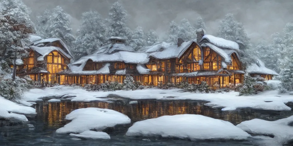 Image similar to an oil painting of a lakehouse in winter, masterpiece, highly detailed, high quality, 4 k, anatomically correct, hyperrealistic, concept art, octane render, unreal engine 5, trending on artstation, trending on deviantart, matte, historical painting, fantasy style, path traced, high coherence, soft lighting, digital painting, mythical