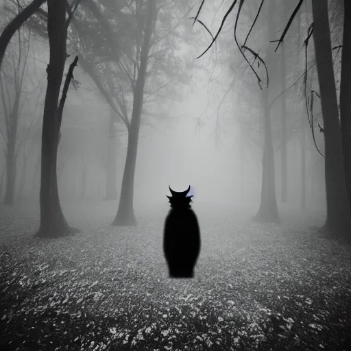 Image similar to giant black fluffy demon in the centre of misty forest, monochrome lomography