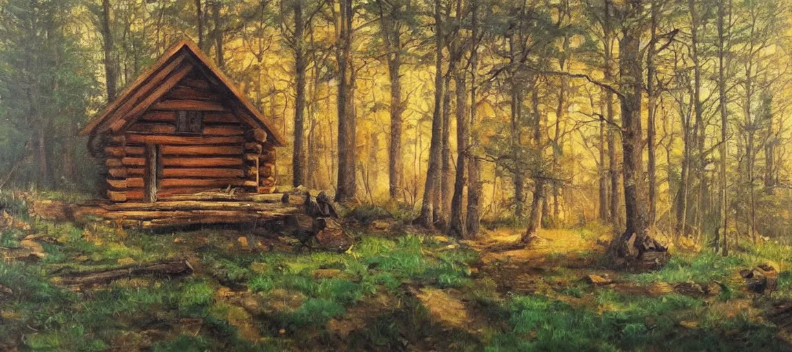 Image similar to realist painting of a log cabin in the forest, beautiful painting, oil on canvas, by Ewa Czarniecka, award winning masterpiece,