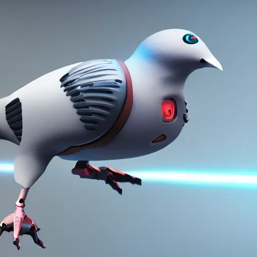 Prompt: a cyber pigeon, with cameras and rockets, flying, octane render, cinematic lightning, artstation trending, 8k render