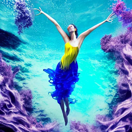 Image similar to beautiful modern woman dancing underwater wearing a flowing dress made of blue, magenta, and yellow seaweed, delicate coral sea bottom, swirling silver fish, swirling smoke shapes, octane render, caustics lighting from above, cinematic