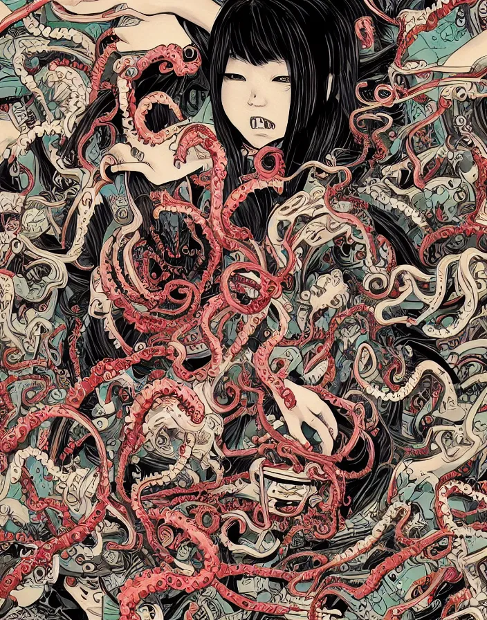 Image similar to intricate comic book style japanese horror poster japanese girl with fangs, graffiti, yokai, tentacles, by dan mumford, makoto shinkai and junji ito, 8k, highly detailed, unreal engine, crisp lines, volumetric lighting, featured on artstation, pixiv