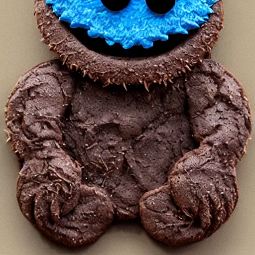 Prompt: creepy cookie monster, demonic, evil grin, tintype, realistic.