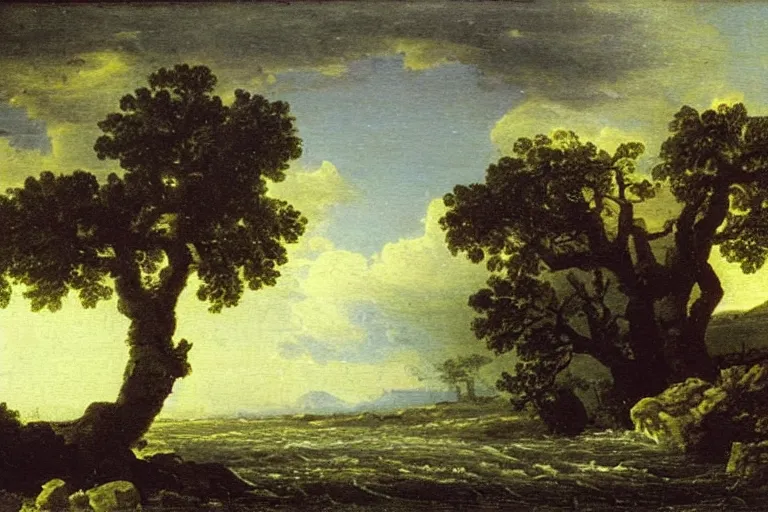 Image similar to oil painting of a old tree next to a raging river by claude lorrain