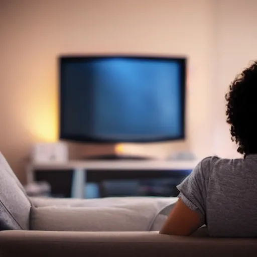 Prompt: Over the shoulder shot of a woman watching tv at night. The T.V. is illuminating a disturbing grey figure.