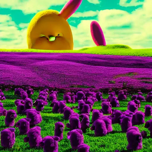 Prompt: a field of sinister teletubbies, film still, moody lighting, cinematic shot, vaporwave, dark and creepy, teletubbies in a field of flowers, the sun is a baby smiling sinisterly, 4 k, 8 k, masterpiece photo, award winning photography