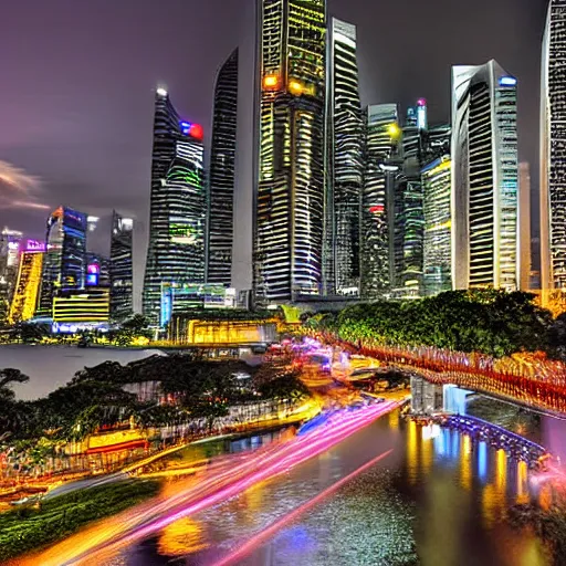 Prompt: digital art hdr 4 k singapore at night time